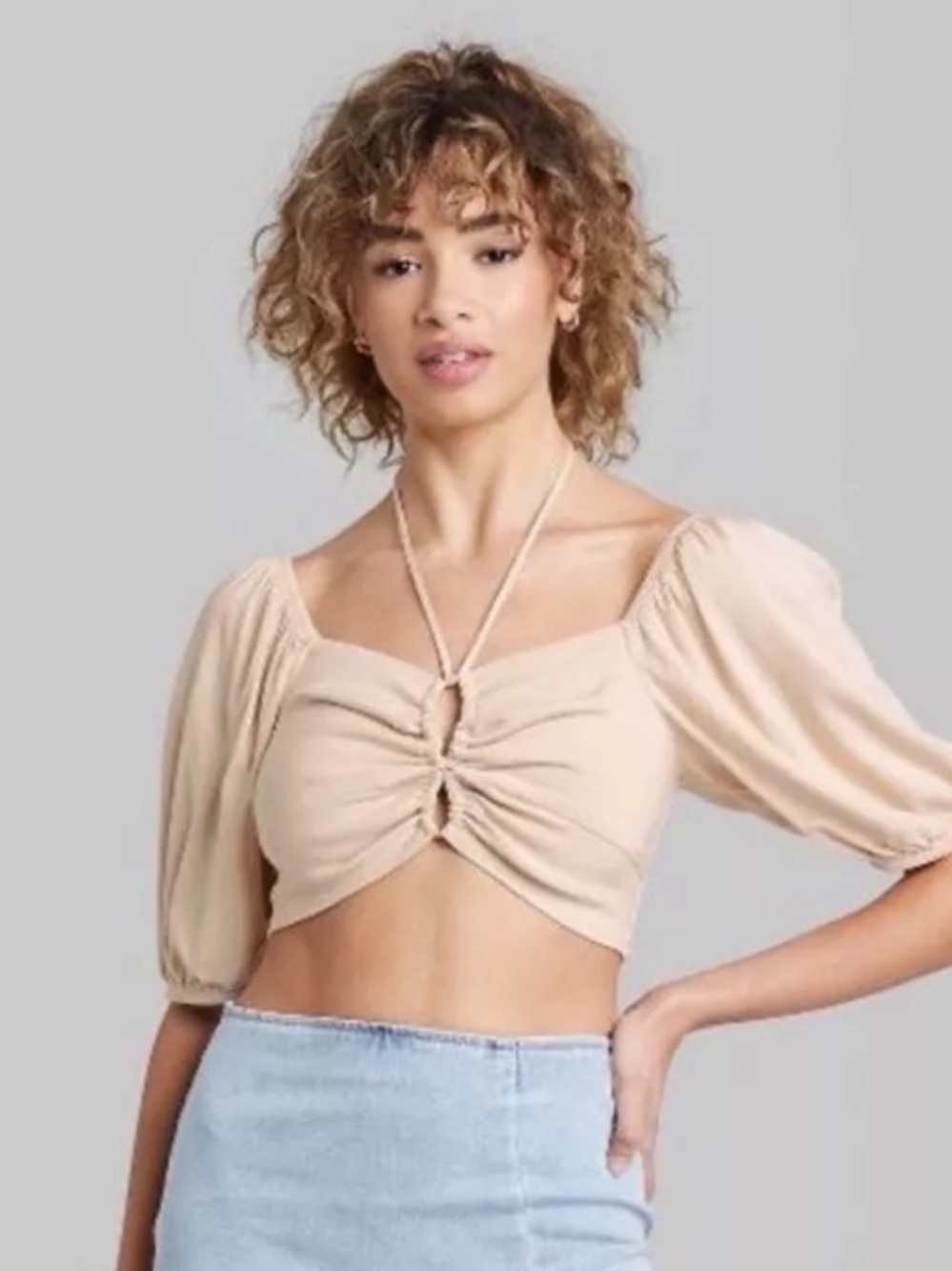 wild fable Beige Ruched Halter Puff Sleeve Crop Top